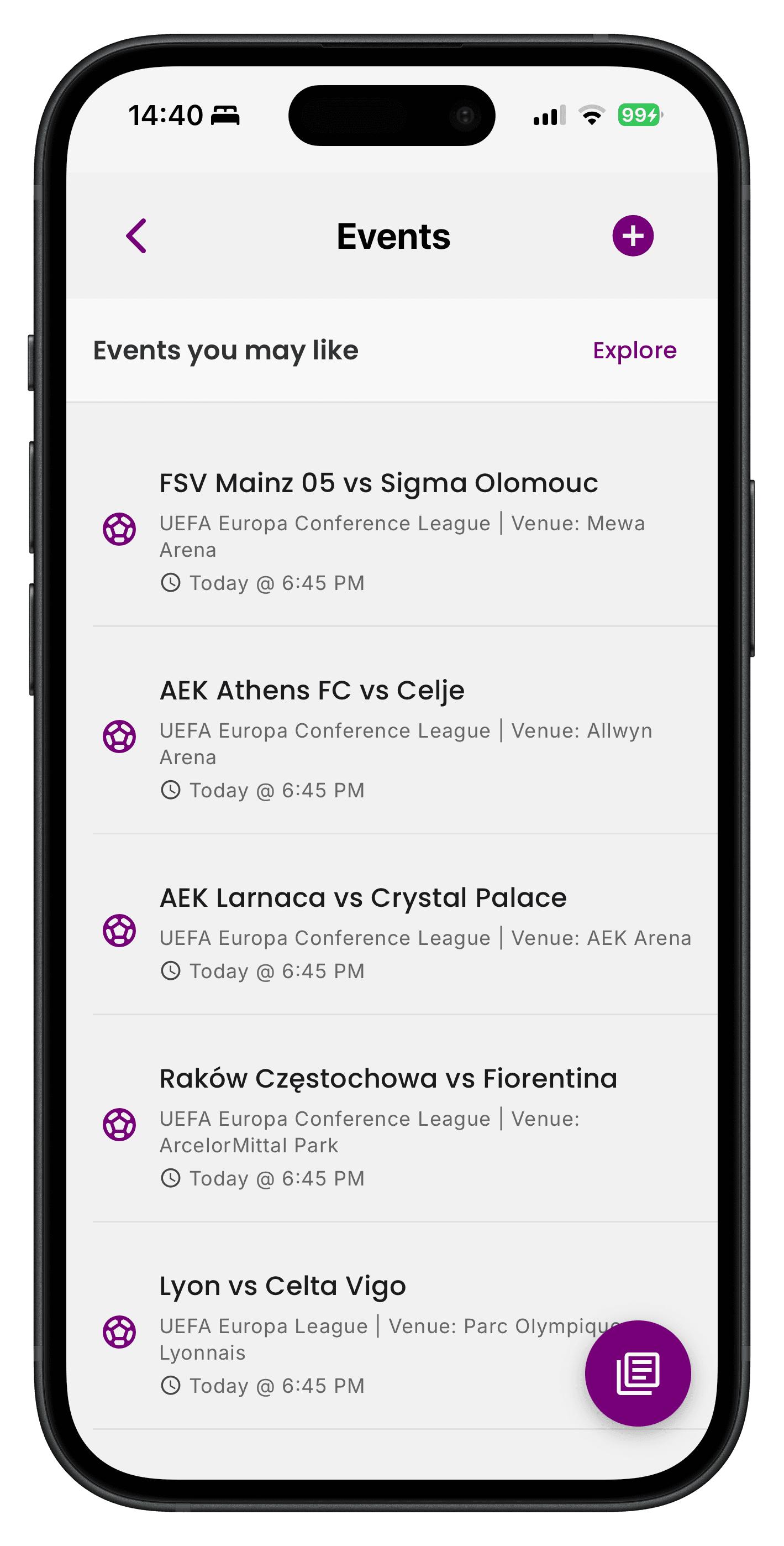 Fans Contest mobile app — Events list